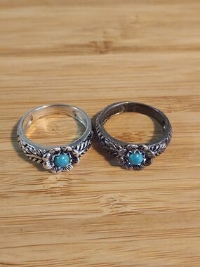 2X Sterling Silver 925 TURQUOISE Ring Sz 8 Leaf Floral BBJ Native American Style